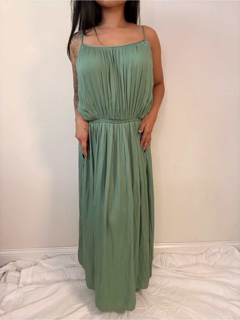 GAP Sage Green Pleated Maxi Dress with Spaghetti Straps